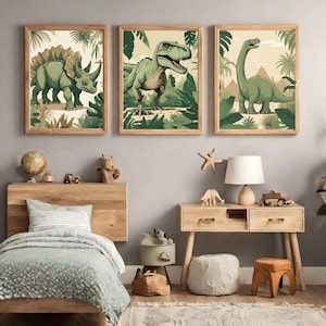 Drei Poster Kinderzimmer, Dinosaurier-Poster, Poster mit Dinosaurier, Kinderzimmer Bilder, Plakate, Drucke, Kunstdrucke, Poster fur Junge