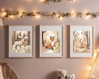 3 Nursery wall art prints, woodland  animals illustrations, forestcore decor, Kids room ornament, child gift, beige drawings, wall gallery