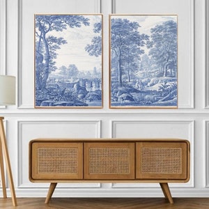 2 Toile De Jouy Wall Art Set, Blue White Wall Decor, Toile Art Prints ...
