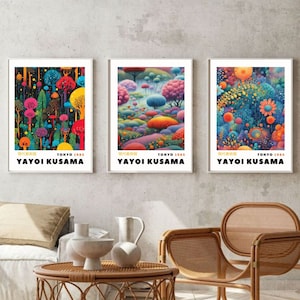 Juego de 3 impresiones de arte de pared de YAYOI KUSAMA, carteles de exposición, galería de habitaciones japonesas, decoración colorida, pinturas surrealistas, decoración ecléctica del hogar,