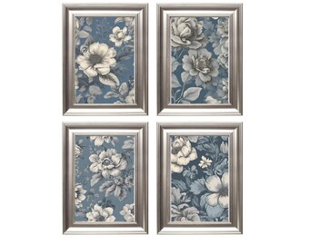 cztery obrazki ścienne z kwiatami, kwiaty galeria ścienna, farmhouse dekoracja, niebieska galeria ścienna do salonu, chinoiserie galeria