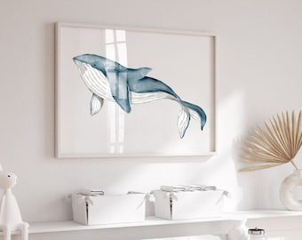 Affiche  Chambre Enfant, Affiche chambre Bebe, image baleine, décoration murale bleue, tableau mer enfants, dessin aquarelle, art mural