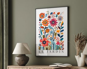 Plakat wystawowy, nowoczesna abstrakcja, kolorowy obraz, kwiaty malarstwo, ogród ilustracja, le jardin, matisse dekoracja ścienna folkowa