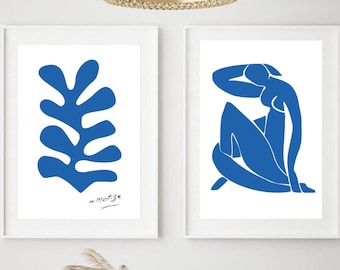 Zwei Abstrakte Poster, SET von 2 Kunstdrucke,  Henri Matisse kunst, Wandkunst, blaue abstrakte Drucke, abstrakte drucke, Wohnzimmer Bilder