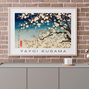 Arte mural japonés, dibujo de Yayoi Kusama, póster de sakura, pintura vintage, impresión artística de flor de cerezo, decoración del hogar, adorno de habitación azul, regalo