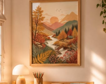 Autumn Landscape Illustration,  Mountains Wall Art Print,  Woodland Nursery Decor