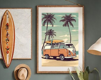 vintage camper poster, dekoracja pokoju w stylu surferskim, letnia dekoracja ścienna, reisposter, ilustracja plaża, retro poster