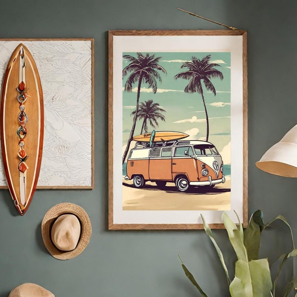 vintage camper van poster, dekoracja pokoju w stylu surferskim, letnia dekoracja ścienna, travel poster, ilustracja plaża, retro poster