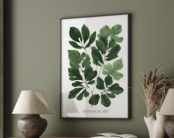 Green leaves poster, botanical illustration, boho art, wall decor, plant drawing, home decor, wall art print, living room ornament, bedroom