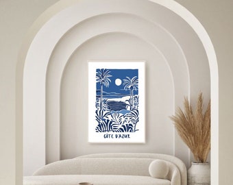 Blau-weiße Wanddekoration, COTE D'AZUR Poster, Druck Französische Riviera Illustration, Reiseposter Frankreich, Geschenk Küste Azurblau, Wandkunstdruck,