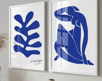 Zwei Abstrakte Poster, SET von 2 Kunstdrucke,  Henri Matisse kunst, Wandkunst, blaue abstrakte Drucke, abstrakte drucke, Wohnzimmer Bilder