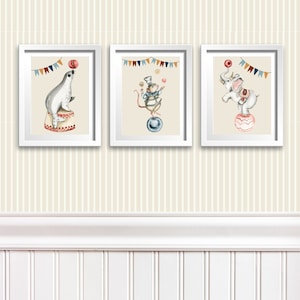 Conjunto de 3 dibujos de animales, carteles de circo, impresiones de arte de pared para guardería, galería de pared, decoración de habitación infantil, adorno de habitación, colgante de pared, imágenes