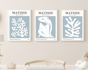 Drei Abstrakte Poster, SET von 3 Kunstdrucke,  Henri Matisse kunst, Wandkunst, blaue abstrakte Drucke, abstrakte drucke, Wohnzimmer Bilder