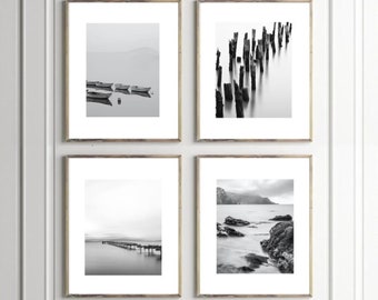 Conjunto de 4 fotografías, galería de pared, galería elegante, impresiones en blanco y negro, fotografía monocromática, paisaje costero gris, fotografía costera