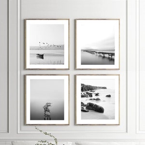 Set of 4 photos, Poster gallery, elegant  black and white prints, wall art set, coastal home decor, room ornament, monochrome sea pictures