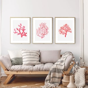 desenhos de coral, impressões de arte de parede de coral vermelho, pintura em aquarela de algas marinhas, decoração de parede marinha, ornamento de quarto costeiro, decoração de casa, tapeçaria de parede