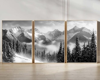 set 3 stampe di montagne, set di arte murale, fotografia di montagne, galleria murale di 3 pezzi, arredamento per la casa, set di poster di baite, foto in bianco e nero