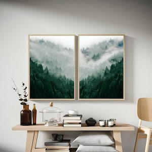 Zwei Poster, Wald im Nebel, Berglandschaft, Wald Foto, Wohnzimmer bilder, Wanddeko Schlafzimmer, Wald Galerie, Wald Bilder, Wald Drucke