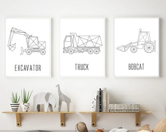 3 Affiches Pour Chambre Enfant, machines de construction, véhicules de construction, camion, tracteur, excavatrice, affiches véhicules,
