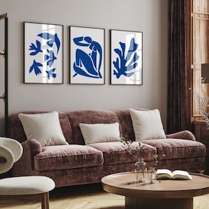wall art set of 3, home posters, matisse classic blue, abstract art, navy blue wall decoration, matisse wall gallery, living room prints