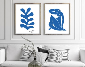 Zwei Abstrakte Poster, SET von 2 Kunstdrucke,  Henri Matisse kunst, Wandkunst, blaue abstrakte Drucke, abstrakte drucke, Wohnzimmer Bilder