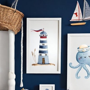 Póster para habitación de niños, dibujo de faro, póster de acuarela marina, impresión de arte de pared para guardería, imagen para habitación de niños, decoración náutica, arte costero