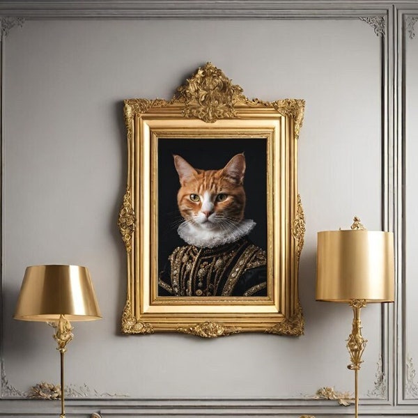 portrait de chat, photo murale de Chat roux, décoration glamour, chat en vêtements royaux, décoration murale de chat , affiche chat art