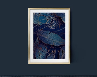 affiche botanique, décoration murale bleue, tableau feuilles bleu marine pour mur, imprimé glamour pour cadre, tableau salon, art chambre