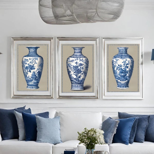 3 set chinese vase wall art prints, white blue ceramics, chinese porcelain, chinoiserie decoration, toile de jouy art, blue gallery posters