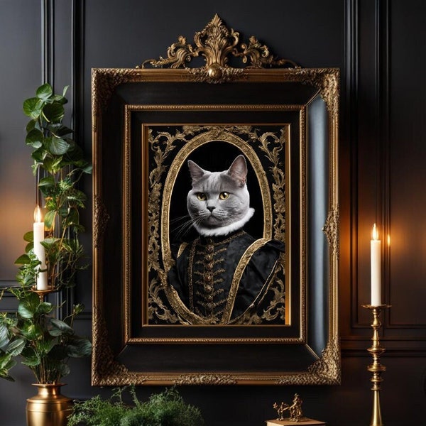 portrait de chat, photo murale de chat britannique, décoration glamour, chat en vêtements royaux, décoration murale de chat gris, affiche