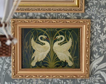 Arte de pared con dos cisnes, grabado de cisne, dibujo antiguo, cuadro victoriano, decoración del hogar, pintura antigua, adorno de pared, art déco