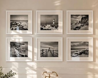 Photography set, 6 coastal style art prints, black and white wall gallery, sea landscape