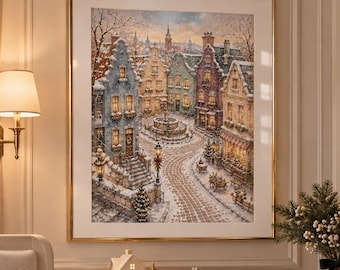 Vintage Winter City Illustration, Victorian English Street Wall Art art, Christmas Decoration for a child's room