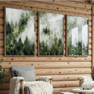 Láminas fotográficas de bosque brumoso, conjunto de arte mural de bosque verde