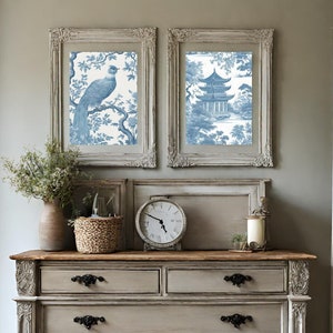 Arte de pared de 2 impresiones, dibujos chinoiserie, conjunto de carteles, galería de pared azul pastel, decoración del hogar china, adorno de habitación, colgante de pared vintage