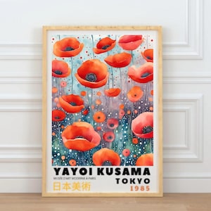 Yayoi Kusama Wall Art Print, rode bloemenweide, woondecoratie, aquarel, bloemen illustratie, klaprozen poster, kleurrijke tekening