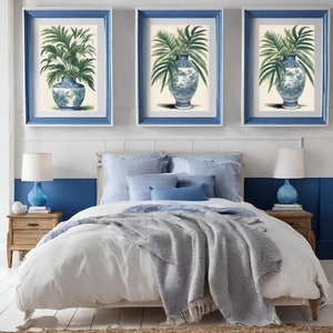Juego de 3 impresiones de arte de pared, juego de pósteres botánicos, galería de pared de estilo chinoiserie, dibujo de plantas en jarrones, adorno de habitación, decoración del hogar, palmera