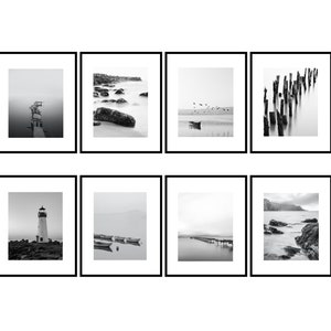 8 fotos em preto e branco, galeria de parede monocromática, impressões de arte costeira, fotografia à beira-mar, decoração de casa de praia, enfeite de quarto, presente para casa
