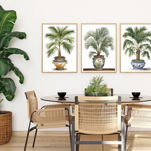 Juego de 3 piezas de arte mural, impresiones chinoiserie, dibujo de plantas en macetas, adorno de habitación, decoración ecológica para el hogar, pintura botánica, juego de 3 pósteres, palmeras