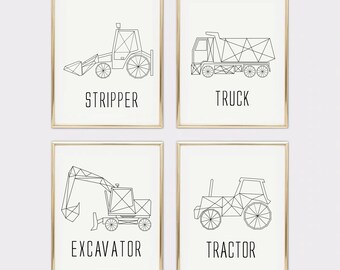 4 Affiches Pour Chambre Enfant, machines de construction, véhicules de construction, camion, tracteur, excavatrice, affiches véhicules,