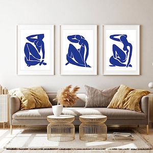 Drei Abstrakte Poster, SET von 3 Kunstdrucke, Henri Matisse kunst, Wandkunst, blaue abstrakte Drucke, abstrakte drucke, Wohnzimmer Bilder Bild 1