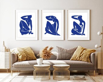 wall art set of 3, three posters, matisse classic blue, abstract art, navy blue wall decoration, matisse wall gallery, living room decor,