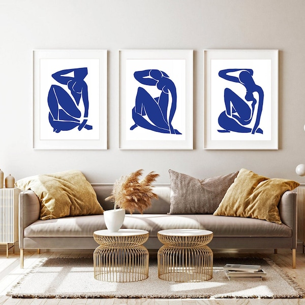 Drei Abstrakte Poster, SET von 3 Kunstdrucke,  Henri Matisse kunst, Wandkunst, blaue abstrakte Drucke, abstrakte drucke, Wohnzimmer Bilder