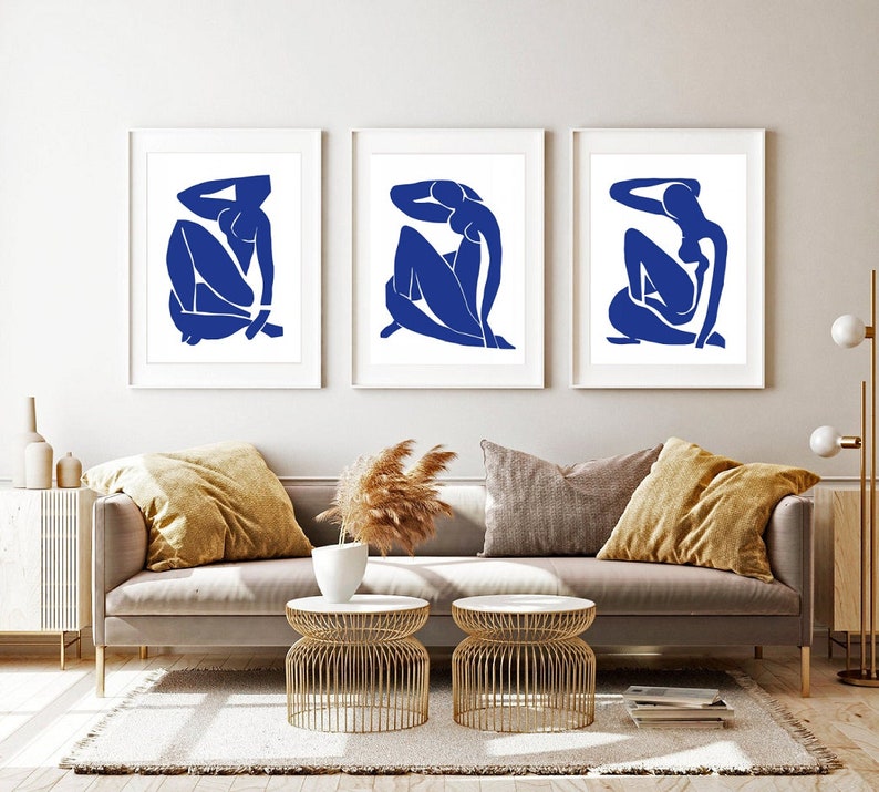 Drei Abstrakte Poster, SET von 3 Kunstdrucke, Henri Matisse kunst, Wandkunst, blaue abstrakte Drucke, abstrakte drucke, Wohnzimmer Bilder Bild 1