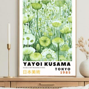 Impresión de arte de pared de Yayoi Kusama, prado de flores, decoración del hogar, ilustración floral de acuarela abstracta, póster de Kusama, pintura japonesa verde