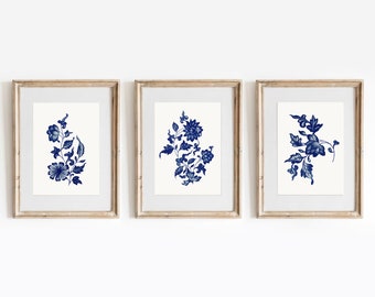 Juego de 3 piezas de arte mural, impresiones chinoiserie, dibujos de flores azules, galería de pared, pintura floral vintage, decoración del hogar, juego de carteles, adorno de habitación