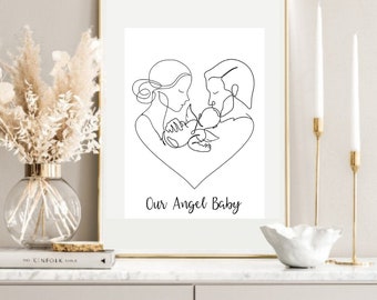 Custom Angel Baby Line Art, Dad Mom printable, Parents child, Family With Angel Baby, Infant Loss Gift, Personalized Baby Loss wall art