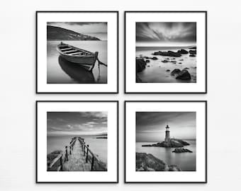 Juego de 4 impresiones de arte de pared, conjunto de fotos en blanco y negro, impresiones de estilo costero, galería del hogar, decoración de pared gris, foto de paisaje marino, foto sin marco