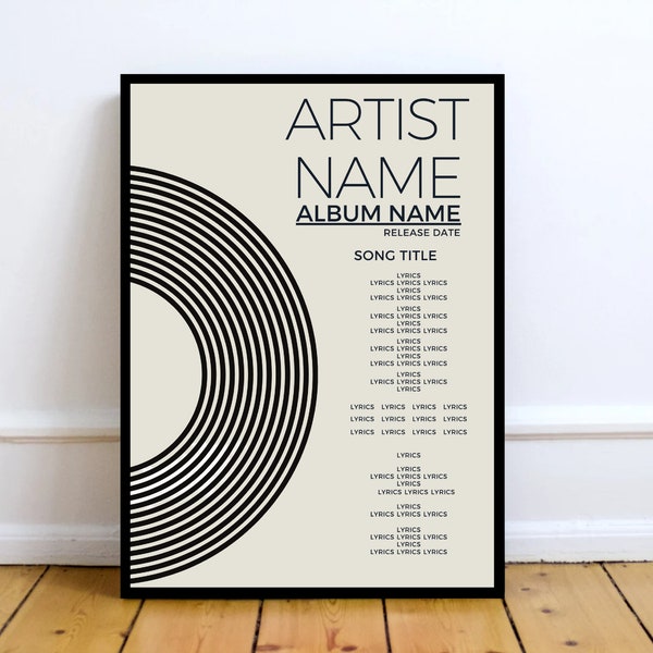 Affiche musicale, Artiste/chanson préférée, Cadeau personnalisé, cadeau pour mélomane, cadeau d'anniversaire, paroles de chansons préférées