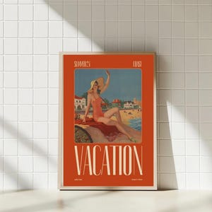 Póster de vacaciones, impresión de arte de pared rojo, decoración retro de playa para el hogar, adorno de habitación ecléctico, tapiz de pared de verano, dibujo de vacaciones, imagen costera